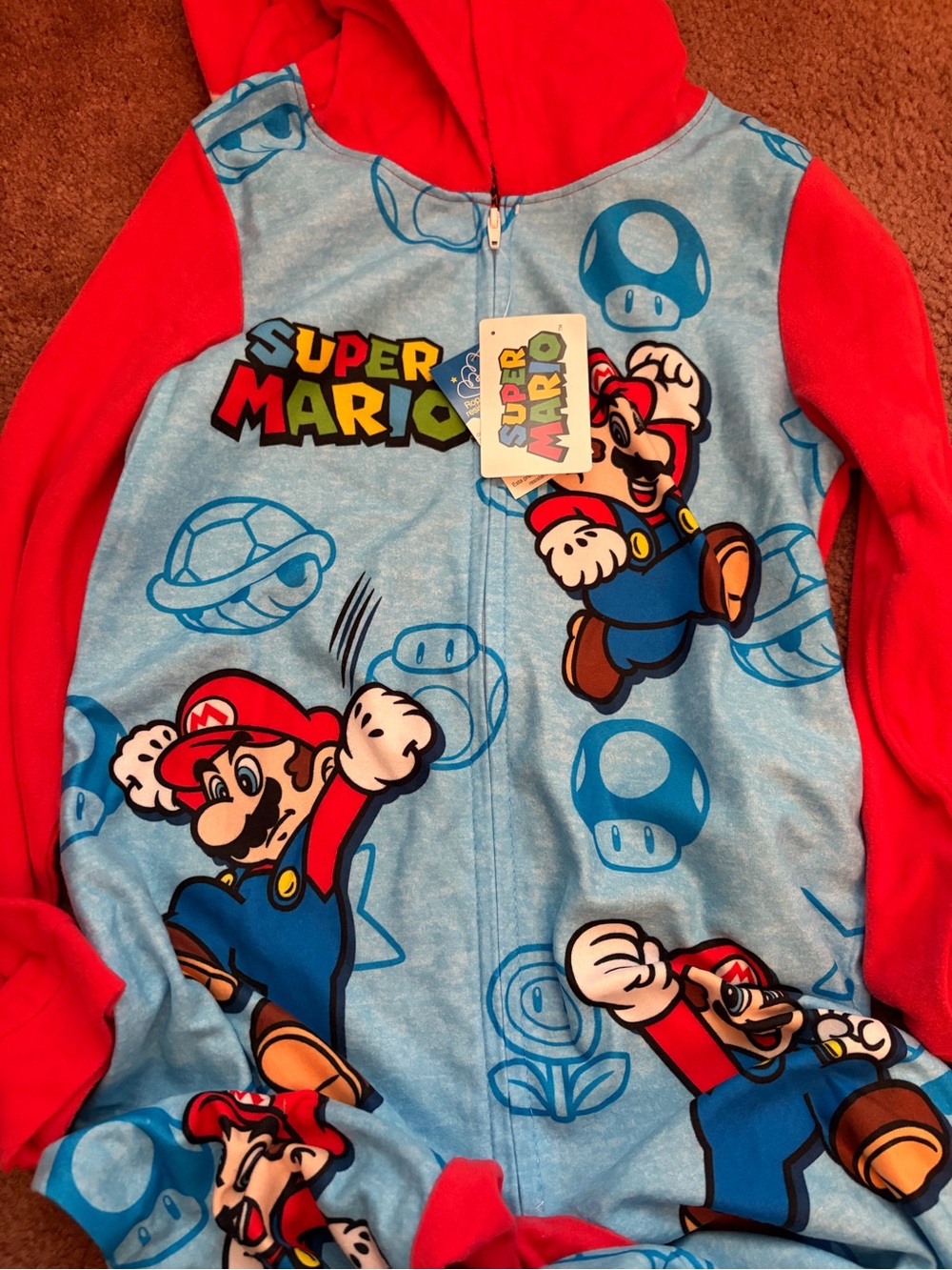 Nintendo Red & Light Blue Super Mario Hooded Kids One-Piece